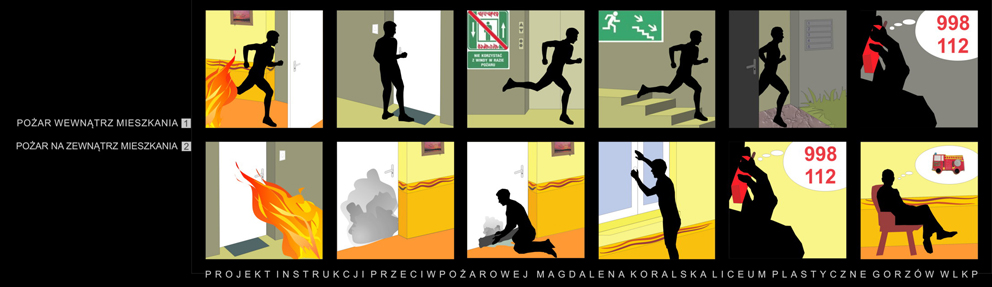 Skrócona, graficzna instrukcja postepowania w przypadku zauważenia pożaru