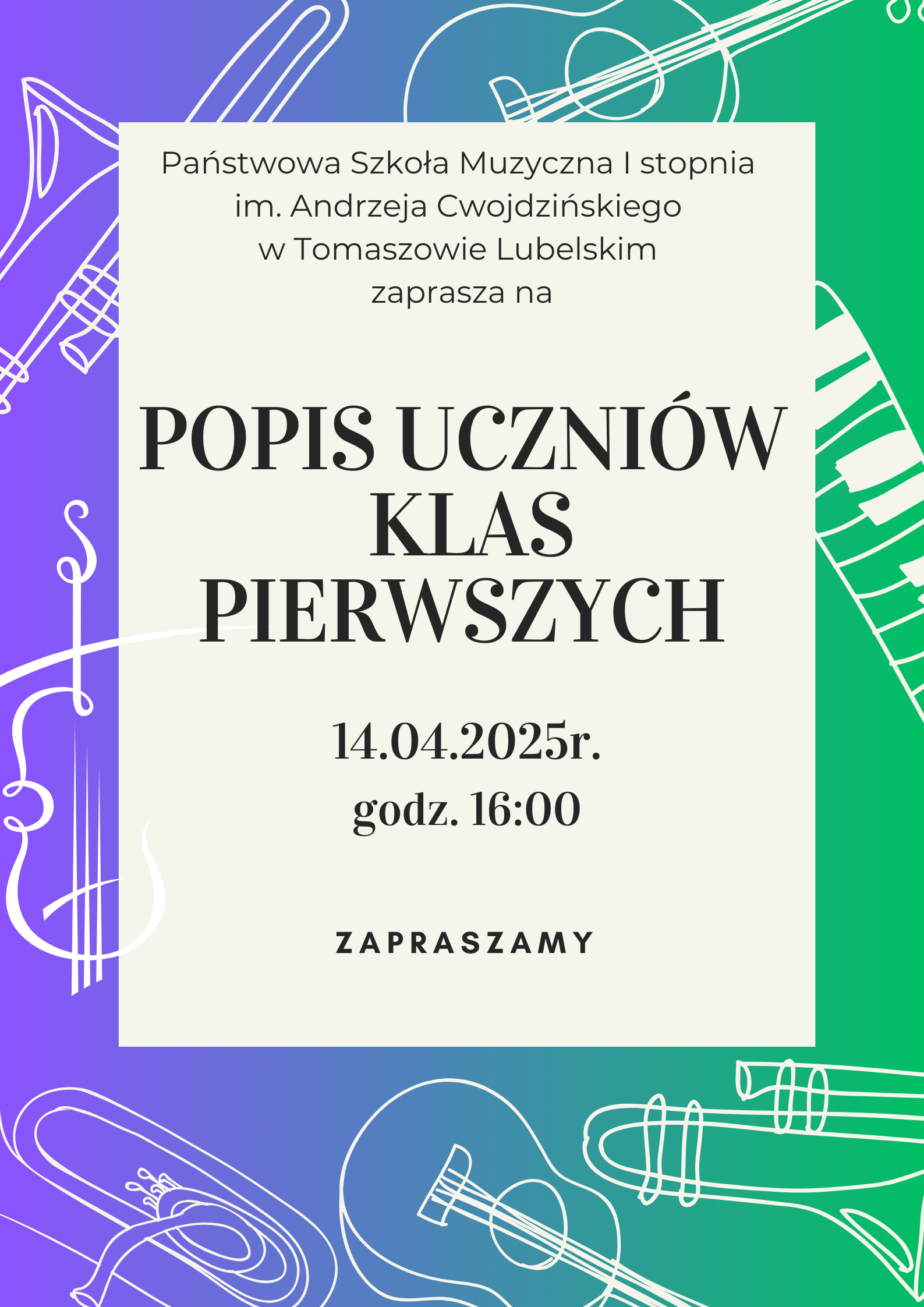 plakat z instrumentami muzycznymi rozrzuconymi na ciemno-niebieskim tle, w środku informacje dotyczące wydarzenia muzycznego, daty, miejsca, godziny na prostokącie z szarym tłem