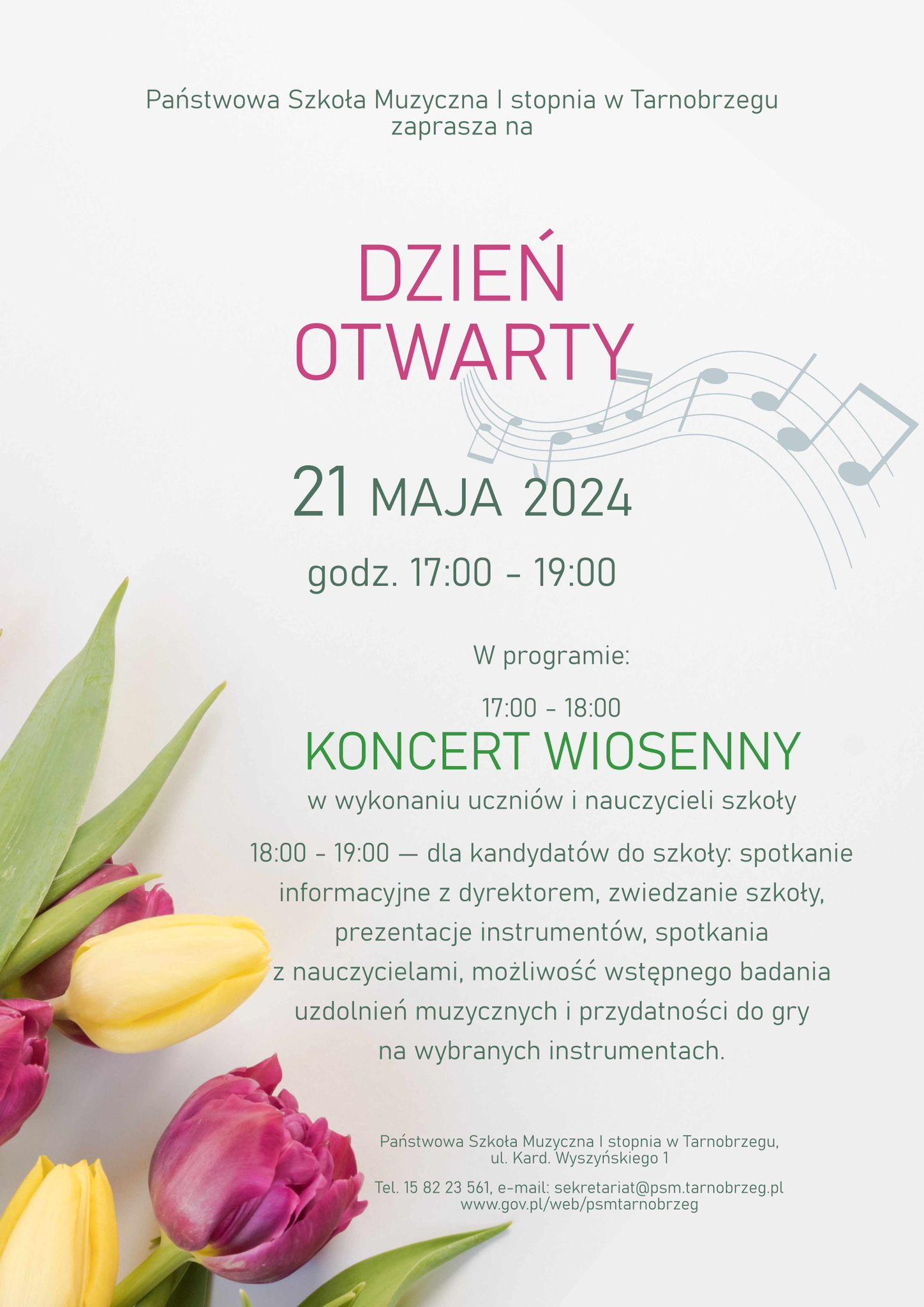 Plakat koncertu wiosennego. Napisy w kolorze zielonym oraz różowym. W dolnym lewym rogu czerwono-żółte tulipany.