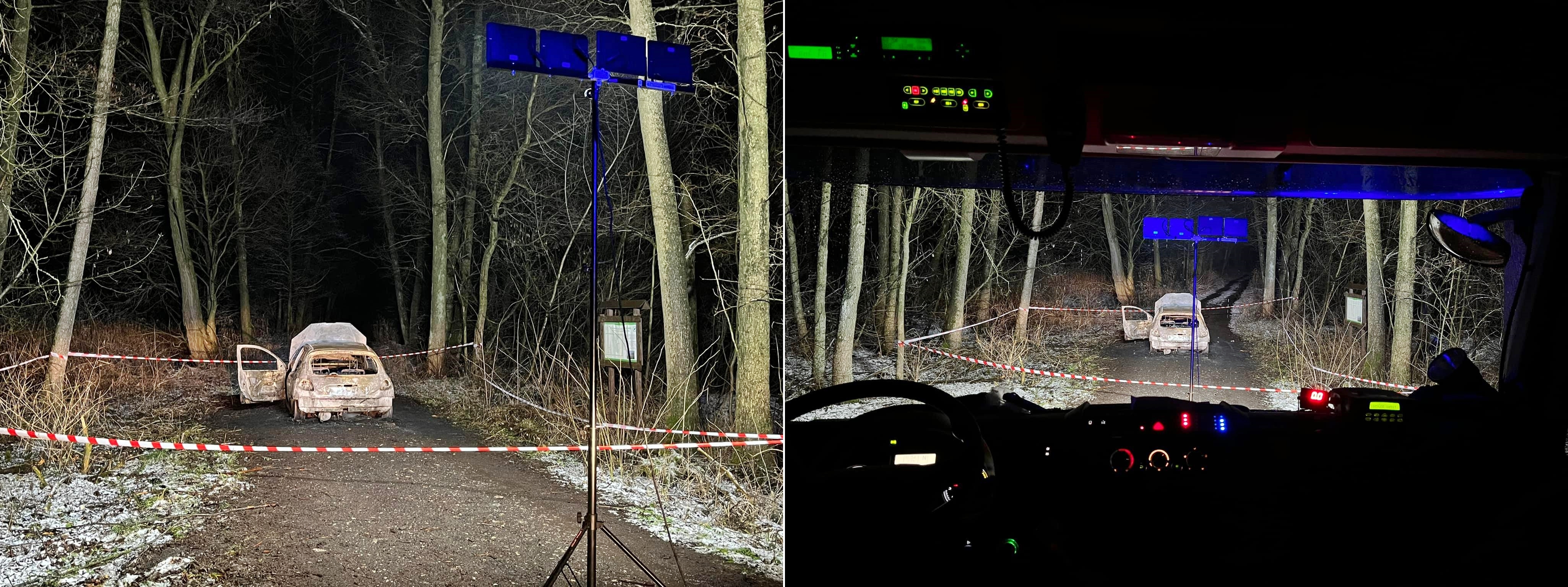 Pojazd stał na środku drogi wjazdowej do lasu, cały objęty pożarem. Po ugaszeniu pożaru w środku pojazdu strażacy ujawnili zwęglone ciało ludzkie. Odgrodzono i zabezpieczono miejsce zdarzenia taśmą. Dodatkowo strażacy oświetlili teren zdarzenia aby umożliwić Policji czynności dochodzeniowe.