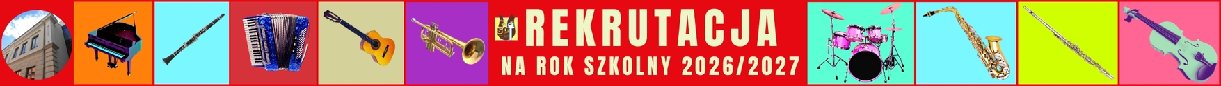 napis w kolorze kremowym na czerwonym tle ze zdjęciem szkoły z lewej strony z kolorowymi obrazkami instrumentów muzycznych