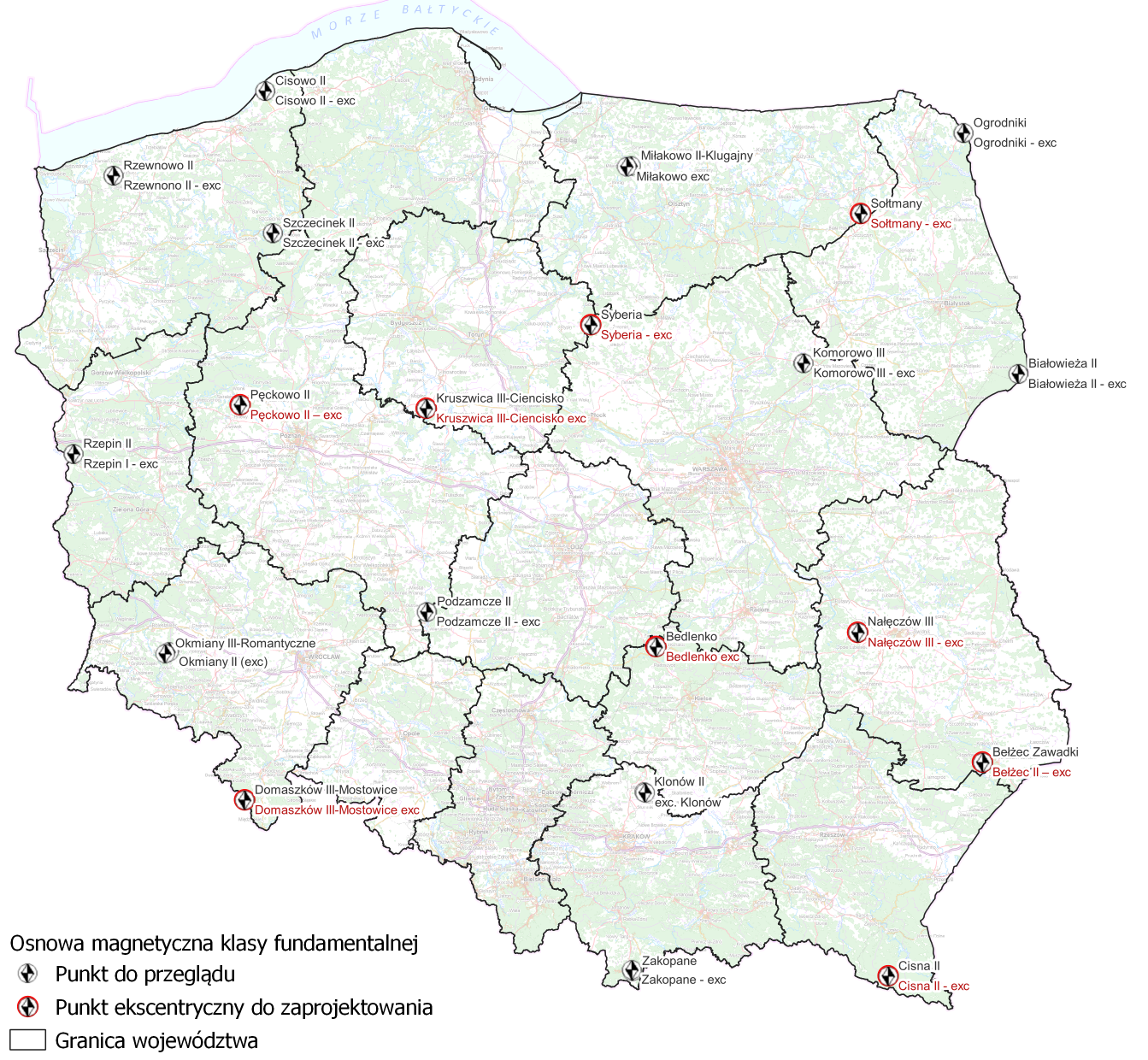 Ilustracja przedstawia mapę Polski z rozmieszczeniem punktów do przeglądu i zaprojektowania w ramach ogłoszonego postępowania przetargowego.