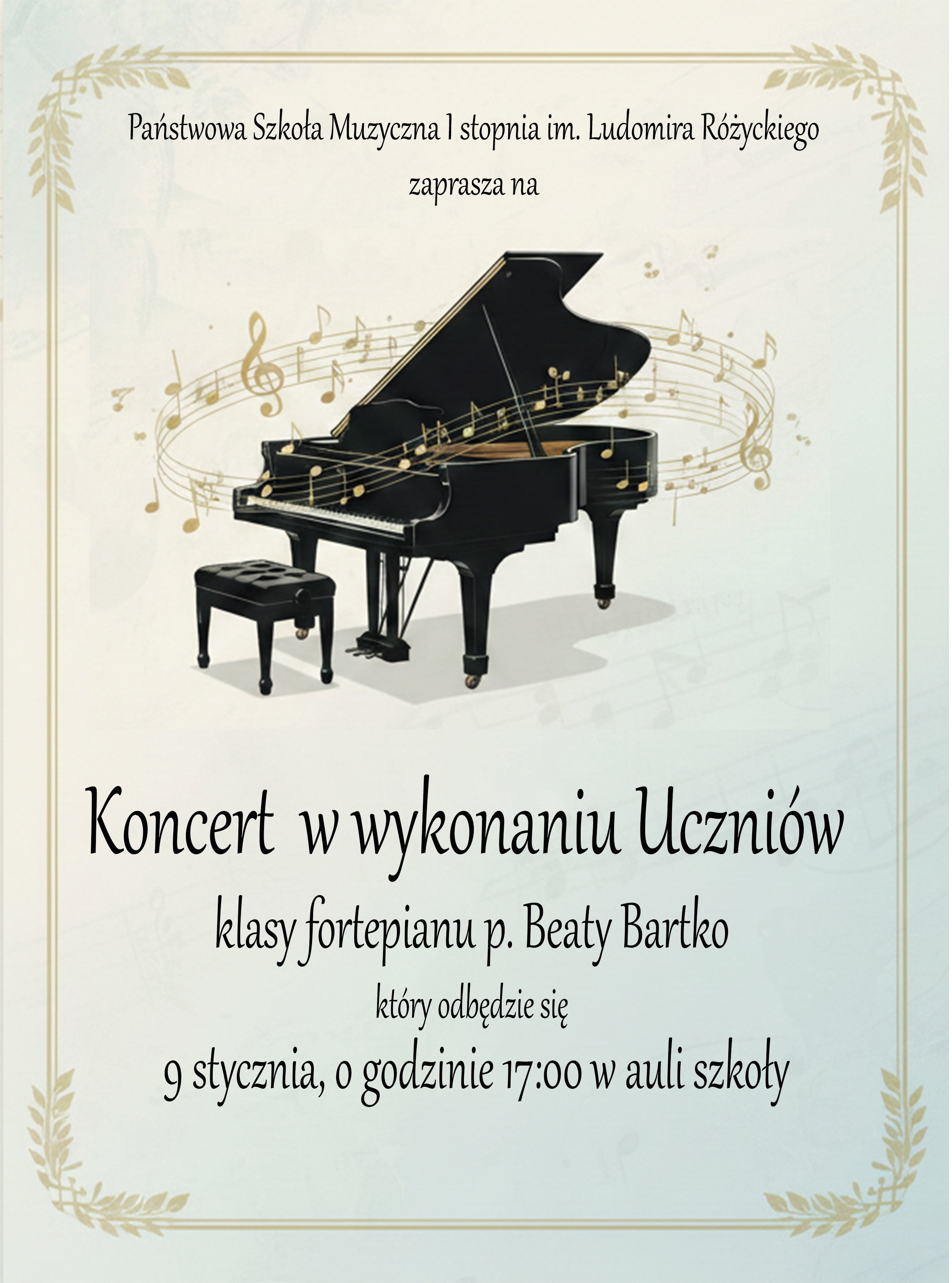 Tło plakatu w kolorze jasno kremowym , na około złota ramka osdobna z elementami liści. Po środku zdjęcie czarnego fortepianu, z elementem wirującej pięciolini z anutami w kolerze srebrnym. Na tym tle czarne ozdobne napisy informujące o miejscu, godzinie i wykonawcach koncertu.