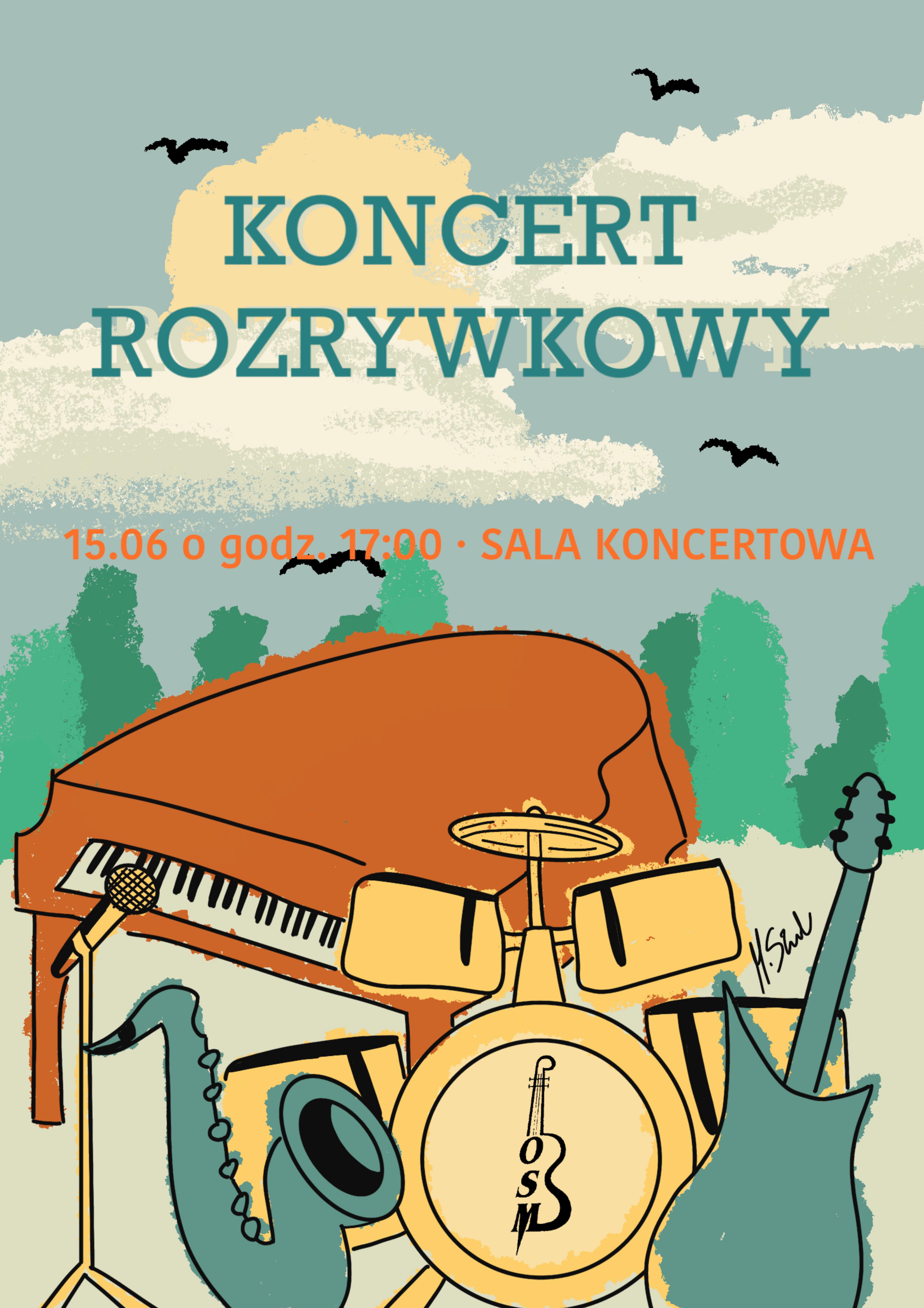 afisz w niebiesko beżowej tonacji, zawiera logo szkoły i grafikę perkusji oraz napis "Koncert rozrywkowy 15..06"