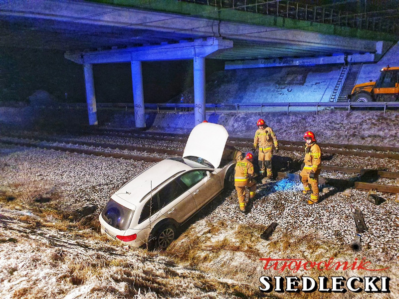 Wypadek samochodu osobowego. Samochód leży na torach, przy nim działają strażacy.