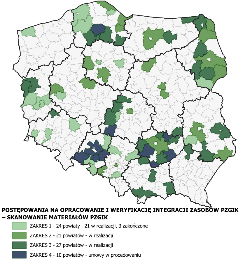 mapka ilustrująca powiaty, w których realizowana jest cyfryzacja dokumentów pzgik