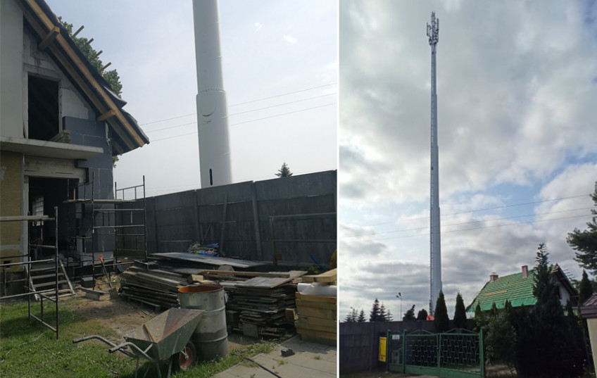 Zdjęcie przedstawia plac budowy domu oraz płot za którym stoi maszt jednego z operatorów sieci komórkowej. 