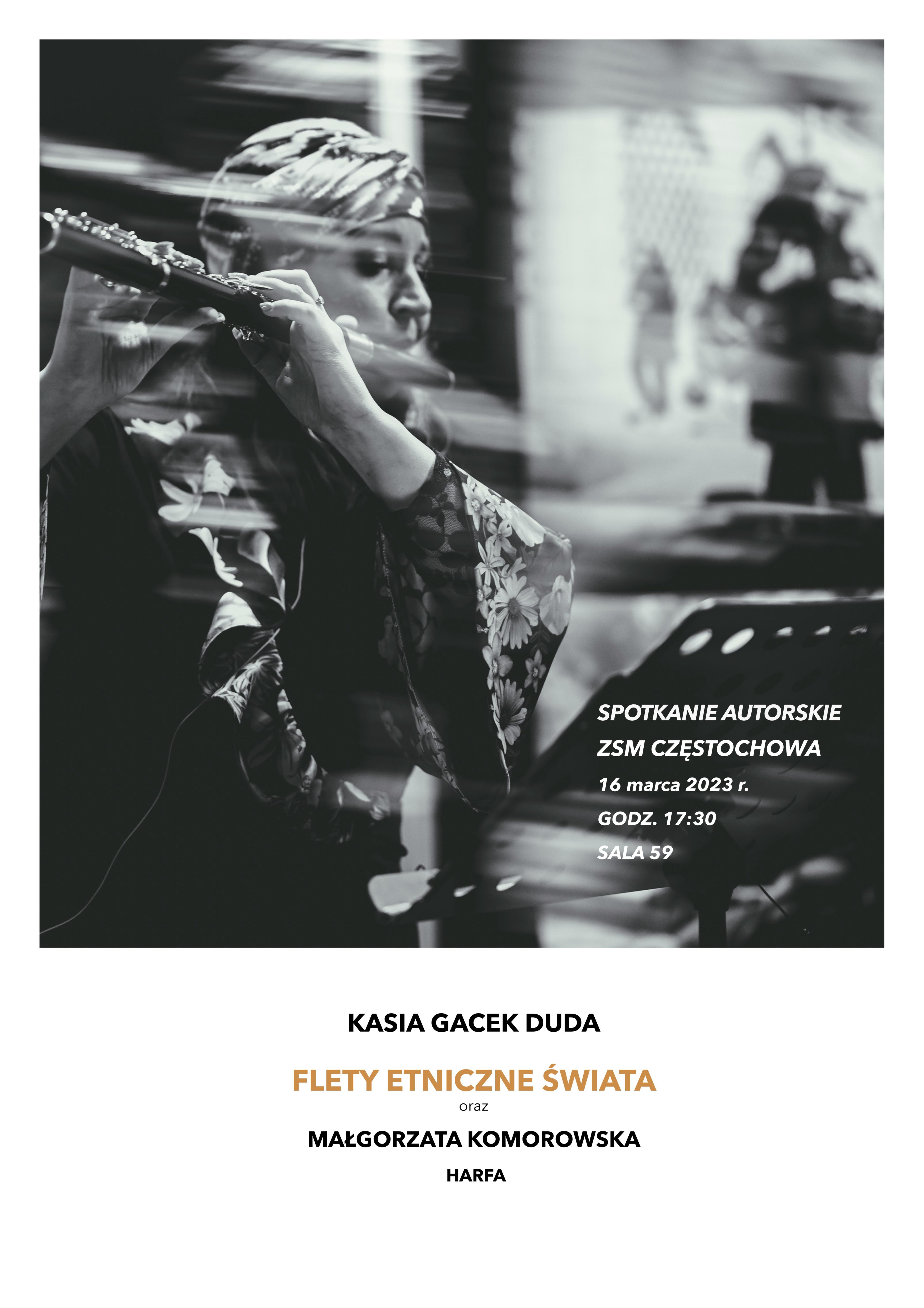 Na białym tle zdjęcie Katarzyny Gacek-Dudy. Na zdjęciu godzina, data i miejsce spotkania.