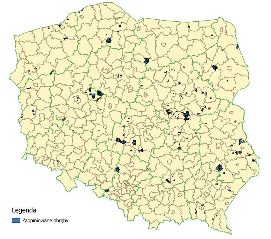 Ilustracja przedstawia mapę obrębów, dla których wydano opinię do projektu modernizacji EGiB