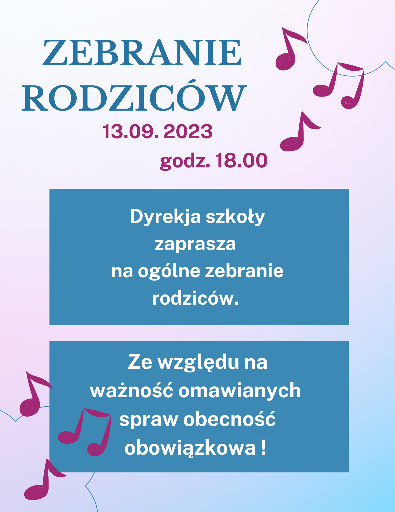 Zaproszenie dyrekcji na zebranie rodziców w dniu 13 września 2023 o godzinie 18.00.