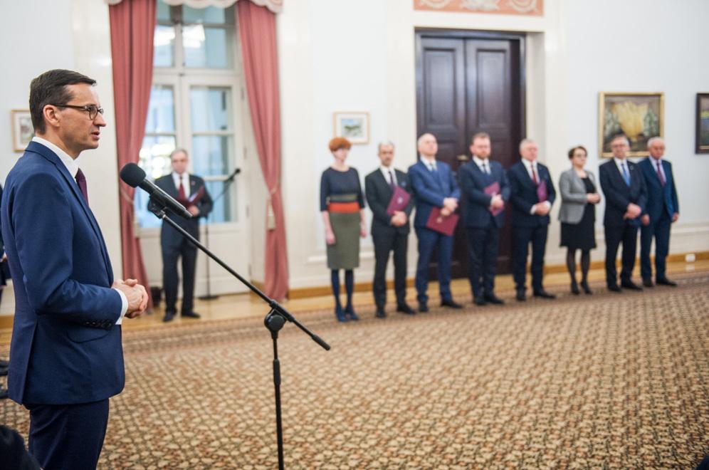 Premier Mateusz Morawiecki na uroczystości w Pałacu Prezydenckim.