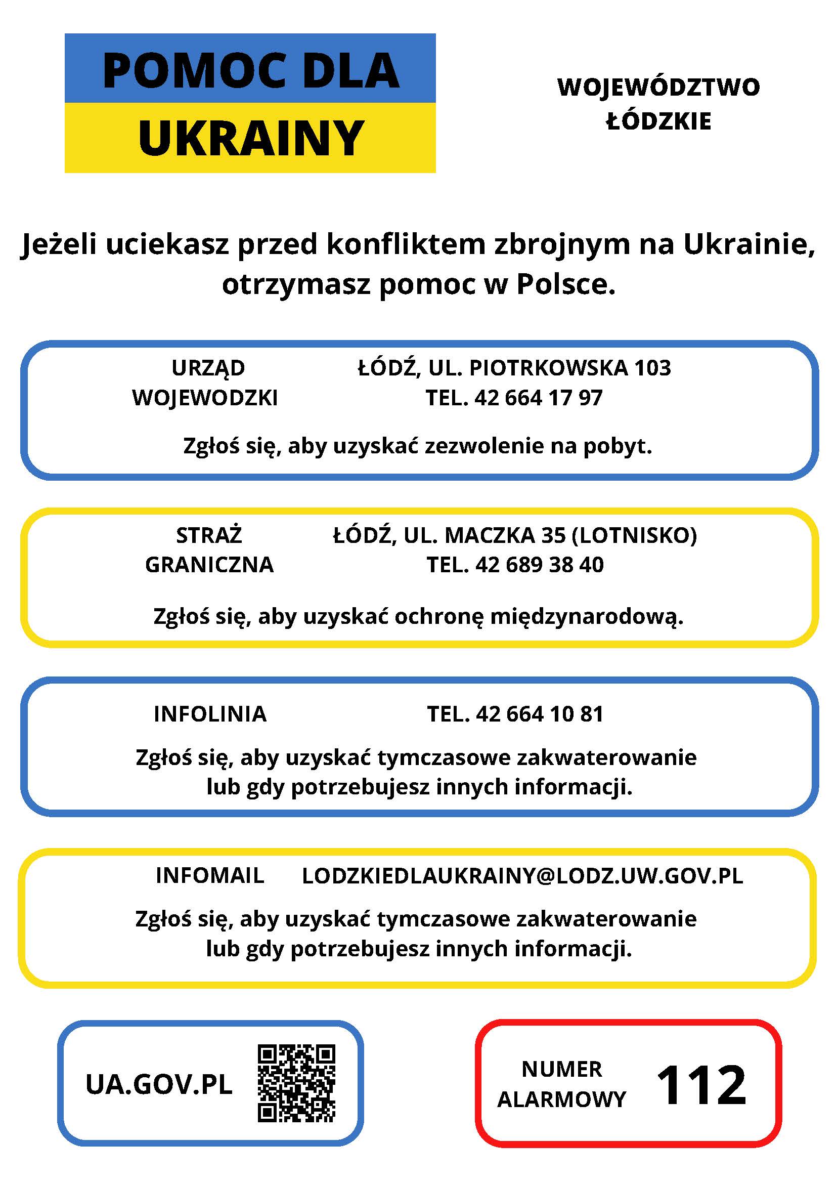 Grafika z napisami w języku polskim zawierająca dane urzędu wojewódzkiego, straży granicznej i infolinii