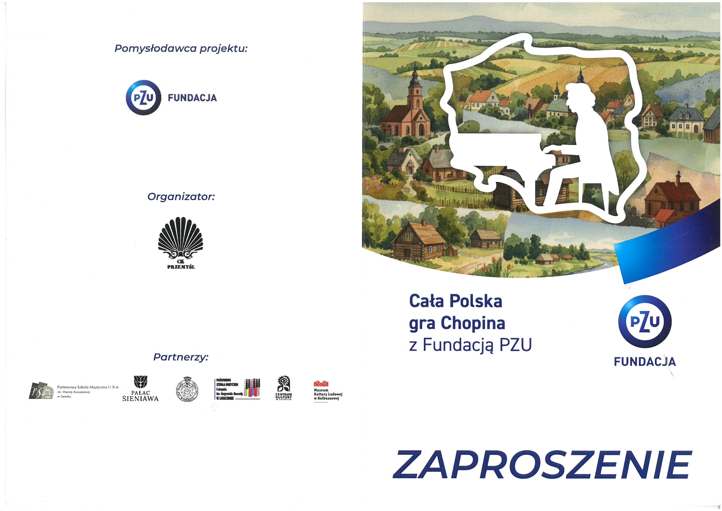 Zaproszenie - Cała Polska gra Chopina. Białe tło, niebieski tekst, zdjęcia wiosek z konturem Polski