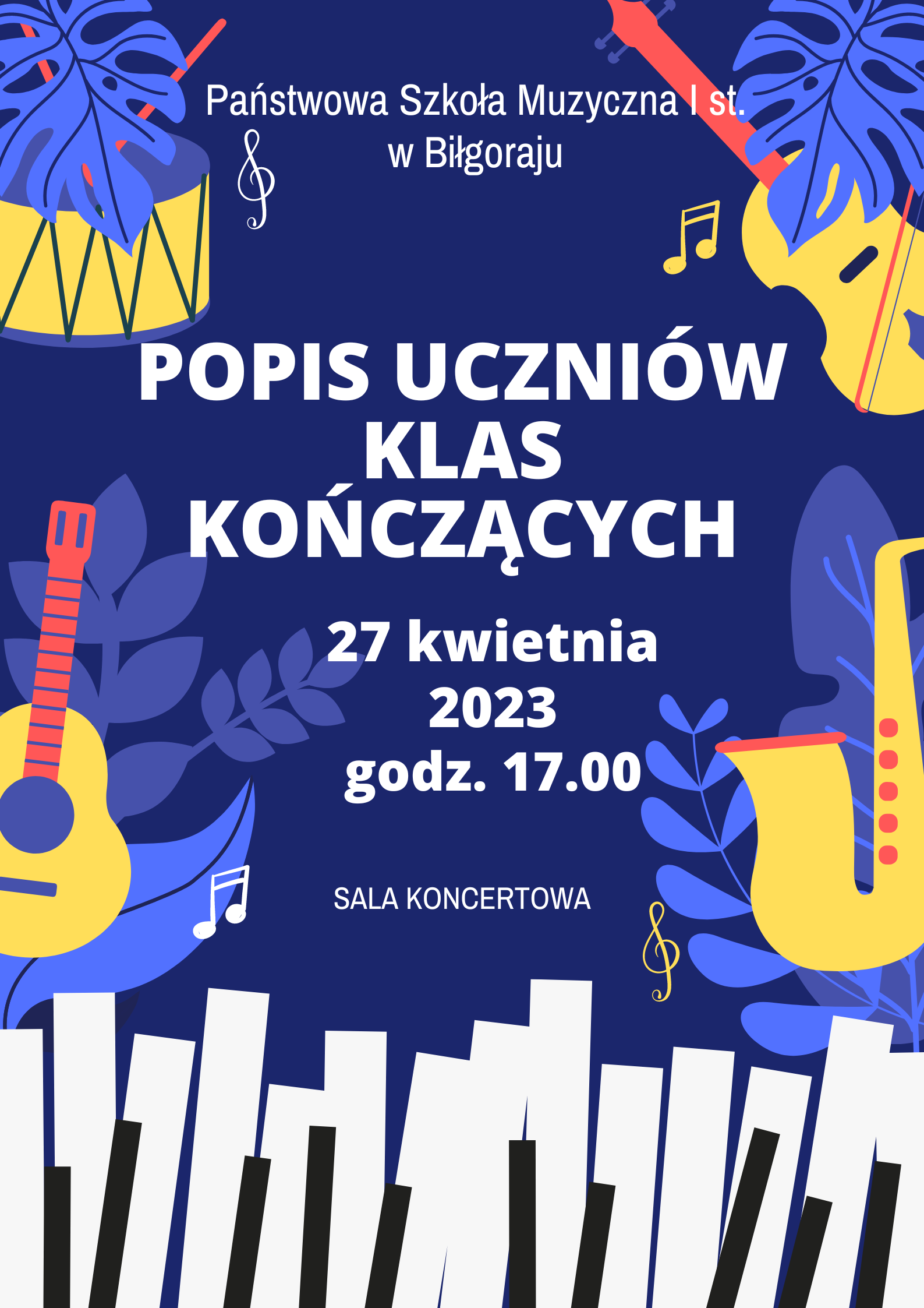 Plakat zawierający informacje o wydarzeniu - Popis uczniów klas kończących. Popis odbędzie się 27 kwietnia 2023 r. godz. 17:00 w Sali Koncertowej szkoły. Na plakacie umiejscowione są grafiki instrumentów muzycznych pełniących rolę dekoracji. Dominują barwy biało-czarno-fioletowe.