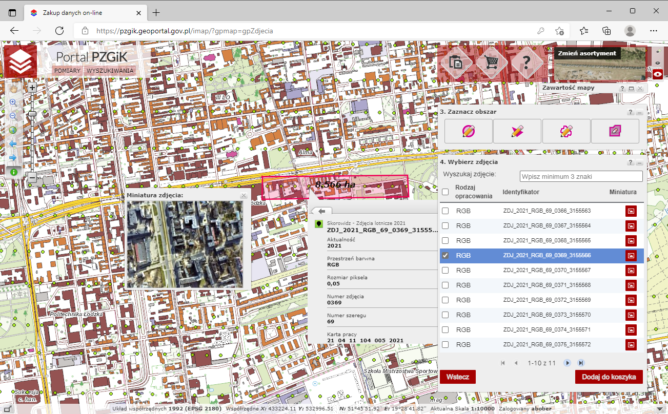 Ilustracja przedstawia zrzut ekranu z portalu https://pzgik.geoportal.gov.pl/imap/ nowo przyjętych zdjęć do państwowego zasobu geodezyjnego i kartograficznego dla miasta Łodzi