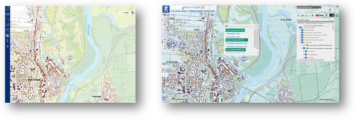 Ilustracja przedstawia zaktualizowany zbiór danych BDOT10k dla fragmentu powiatu pułtuskiego w Portalu BDOT10k oraz w usłudze Baza Danych Obiektów Topograficznych.