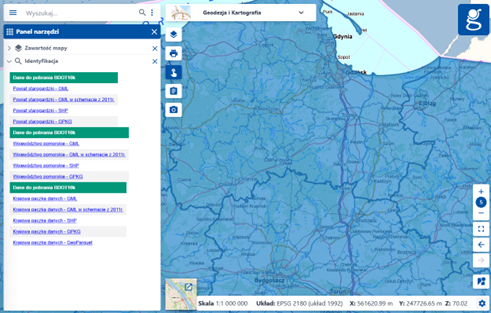 Ilustracja przedstawia sposób pobrania danych w serwisie https://mapy.geoportal.gov.pl/imapnext/imap w usłudze Baza Danych Obiektów Topograficznych
