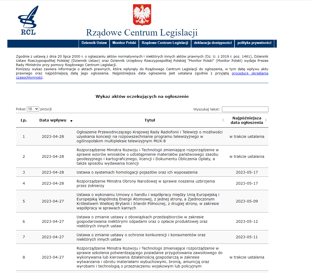 Zrzut ekranu ze strony Rządowego Centrum Legislacji 
