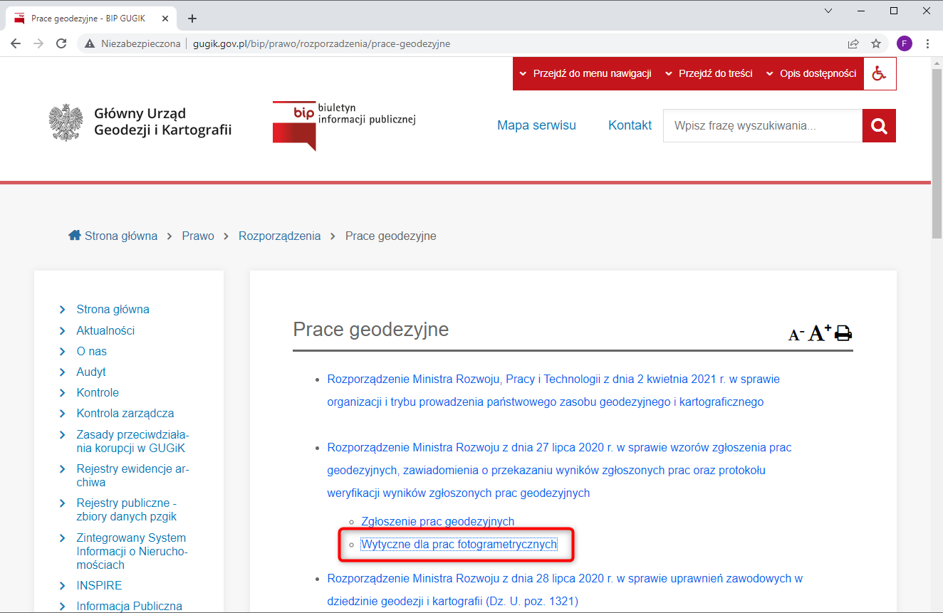 Ilustracja przedstawia zrzut ekranu ze strony BIP GUGiK z zaznaczonym miejscem, w którym publikowane są wytyczne.