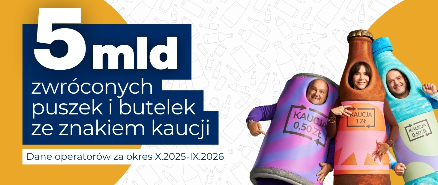baner z napisem 5 mld zwróconych puszek i butelek ze znakiem kaucji. Dane operatorów za okres X.2025-IX.2026. Po prawej stronie widoczni są bohaterowie kampanii Zwrotomocni.