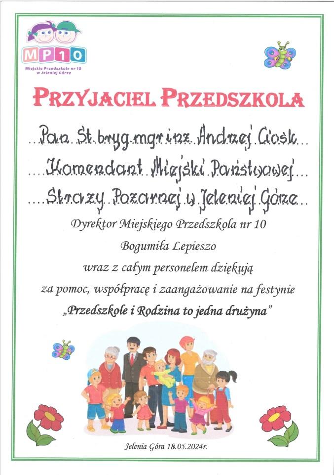 Podziękowania dla Komendanta Miejskiego Państwowej Straży Pożarnej w Jeleniej Górze