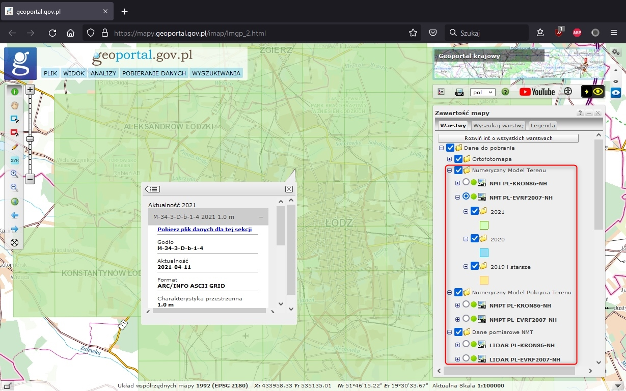 Ilustracja przedstawia zrzut ekranu z serwisu www.geoportal.gov.pl prezentujący nowe usługi umożliwiające pobieranie danych wysokościowych.