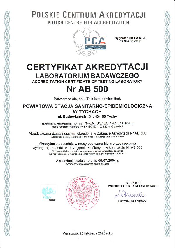 Certyfikat Polskiego Centrum Akredytacji Nr AB 500 na wykonywanie badań