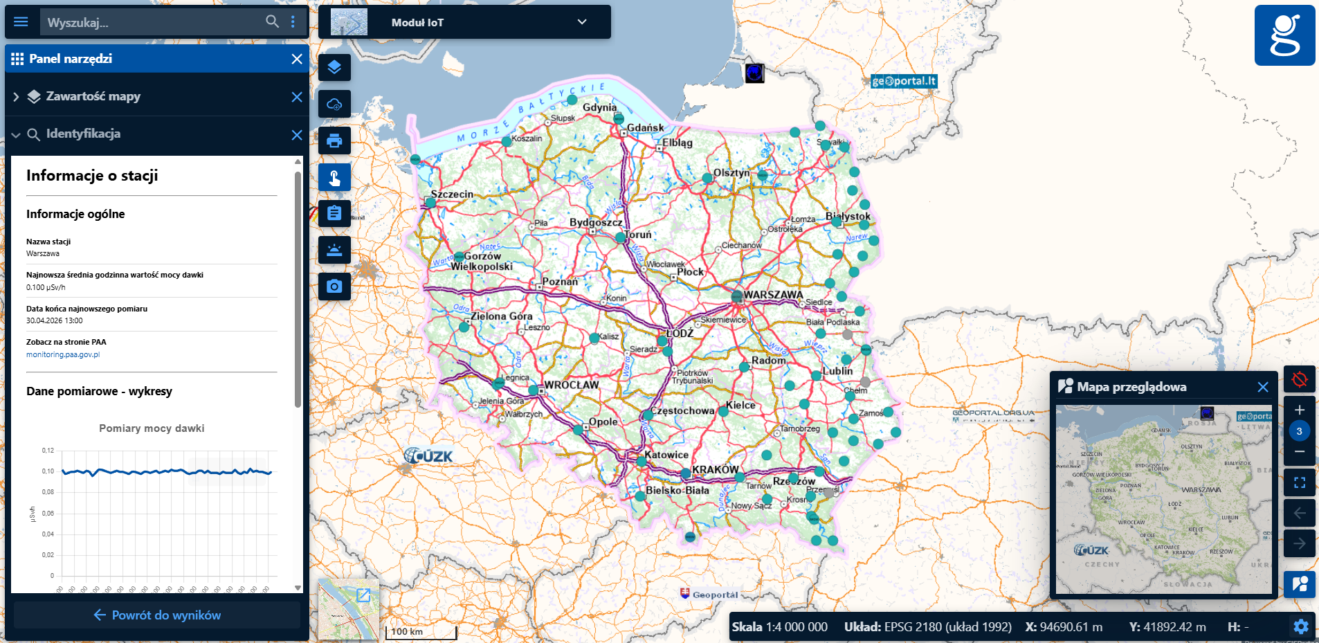 Zrzut ekranu z modułu tematycznego IoT, w którym ukazana jest odpowiedź usługi "Stacje wczesnego wykrywania skażeń promieniotwórczych"