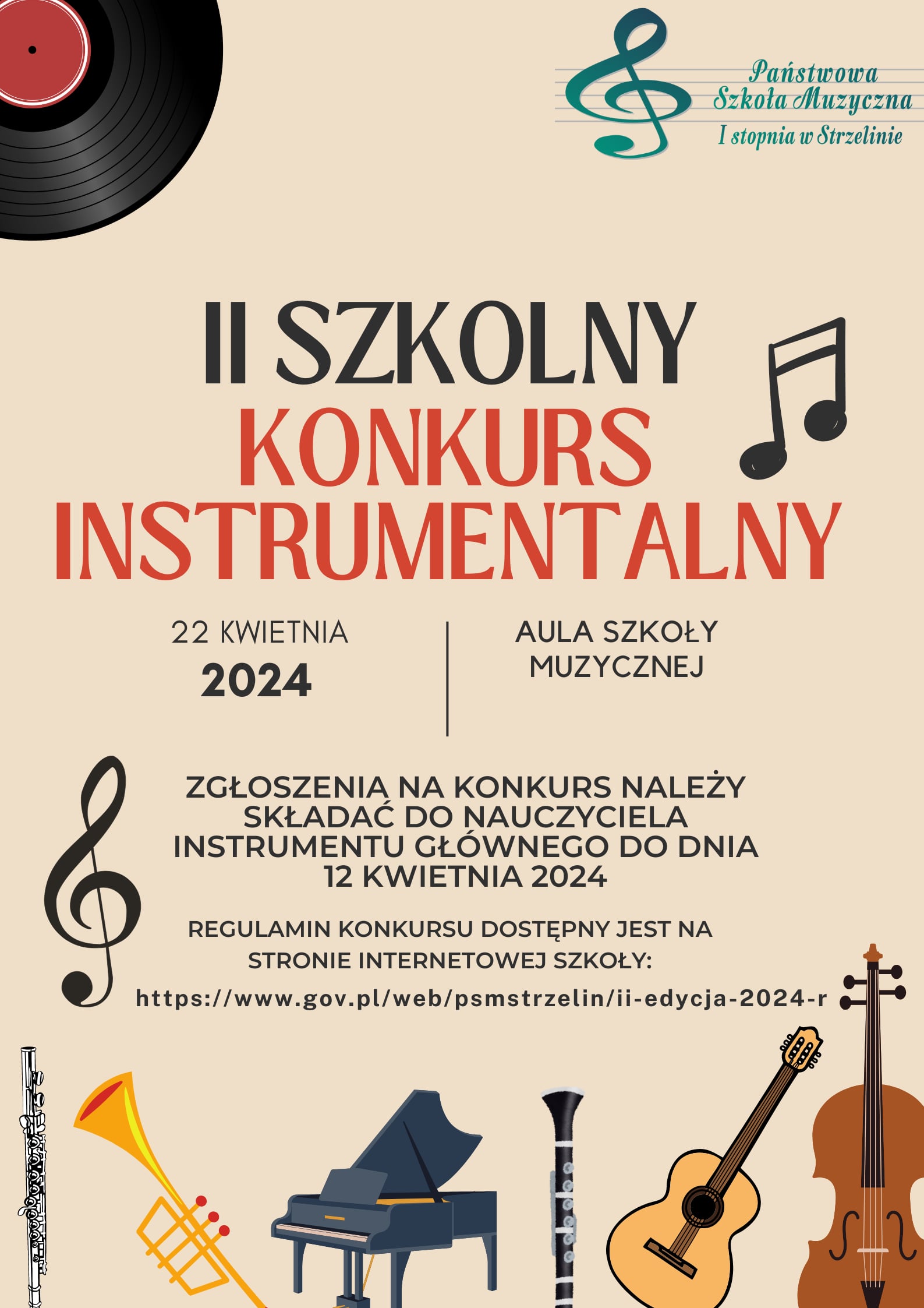 Na beżowym tle znajdują się kolorowe grafiki instrumentów muzycznych - fortepian, gitara, klarnet, trąbka itd. W środkowej części plakatu znajdują się informacje dotyczące wydarzenia.