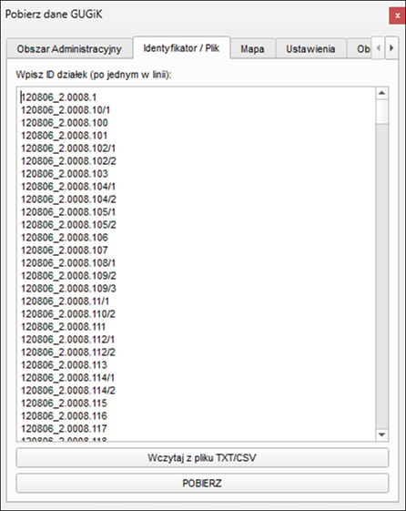 Ilustracja przedstawia zrzut ekranu zakładki "Identyfikator/ Plik" okna wtyczki Pobierz dane GUGiK