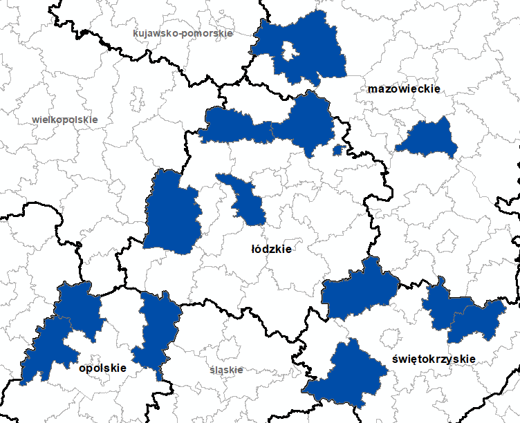 Ilustracja przedstawia obszary powiatów objętych aktualizacją zbiorów danych BDOT10k.
