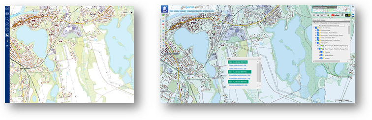 Ilustracja przedstawia zaktualizowany zbiór danych BDOT10k dla fragmentu powiatu międzychodzkiego w Portalu BDOT10k oraz w usłudze Baza Danych Obiektów Topograficznych.