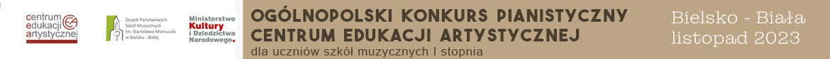 baner reklamowy. od lewej logo CEA, ZPSM w BB, MKiDN. Napisz na brązowym tle Ogólnopolski Konkurs Pianistyczny CEA - Bielsko-Biała listopad 2023
