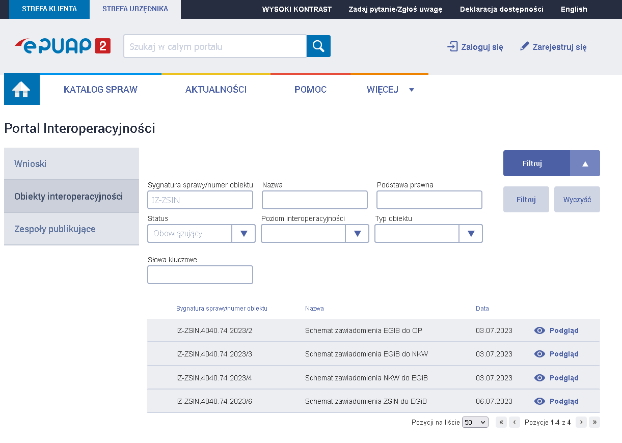 Ilustracja przedstawia zrzut z ekranu serwisu epuap.gov.pl zakładka Portal Interoperacyjności, skąd moźna pobrać schematy aplikacyjne xsd