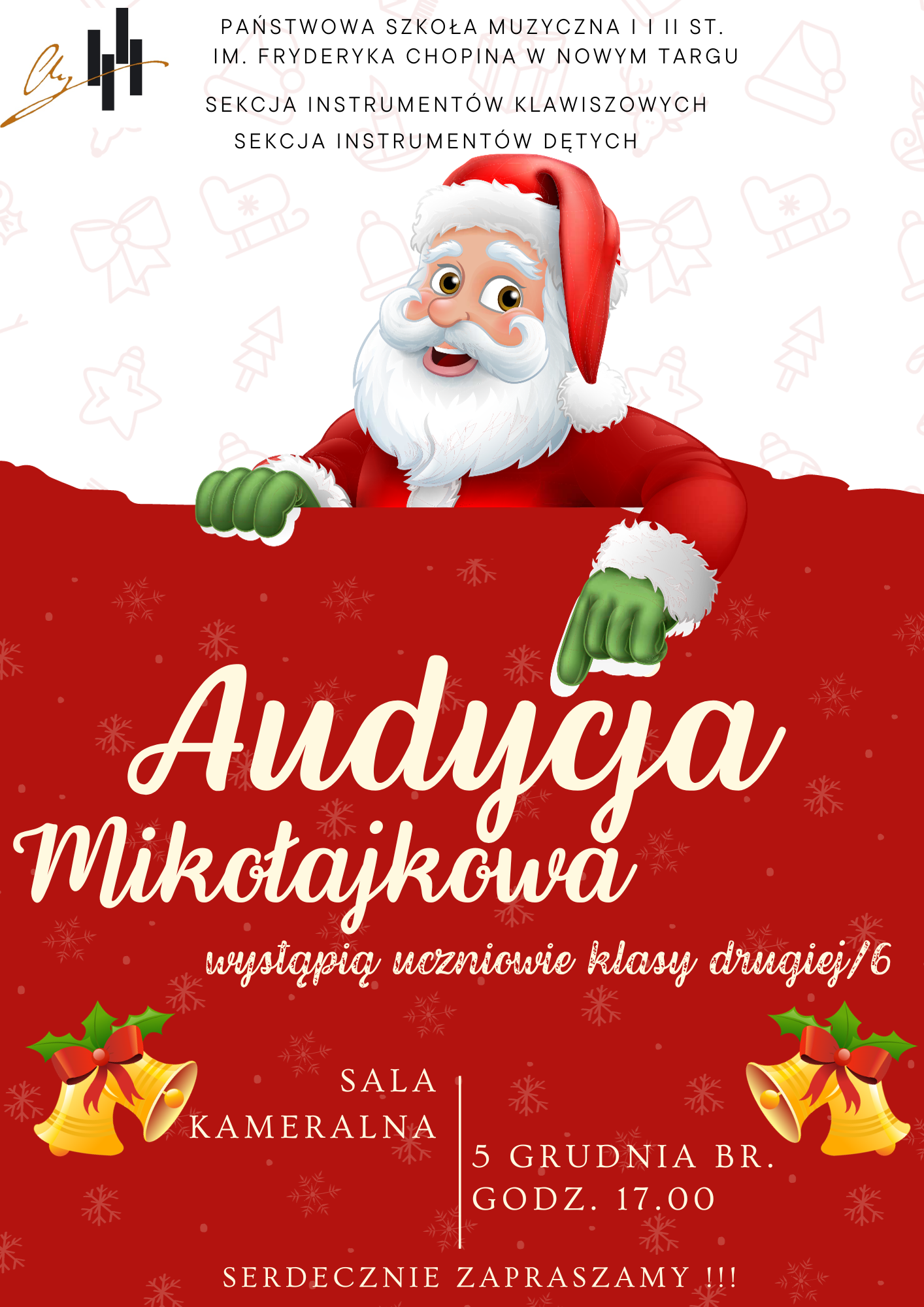 Grafika plakatu jest w tonacji biało-czerwonej. Lewy górny róg to logo szkoły obok pełna nazwa szkoły oraz sekcji organizujących wydarzenie - czyli sekcja instrumentów klawiszowych i sekcji instrumentów dętych. Poniżej postać św. Mikołaja, który wskazuje palcem na nazwę audycji - Audycji Mikołajkowej. Następnie kto wystąpi- uczniowie klasy II cyklu sześcioletniego. Na samym dole pomiędzy graficznymi dzwonkami miejsce, data i czas- sala kameralna, 5 grudnia, godzina 17.00 oraz zaproszenie na to wydarzenie.