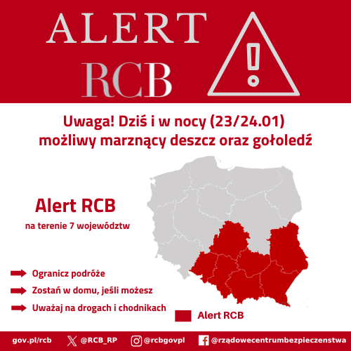 Alert RCB z dnia 23 stycznia 2026 r. - deszcz i gołoledź