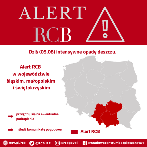 Alert RCB_5 sierpnia intensywne opady deszczu.