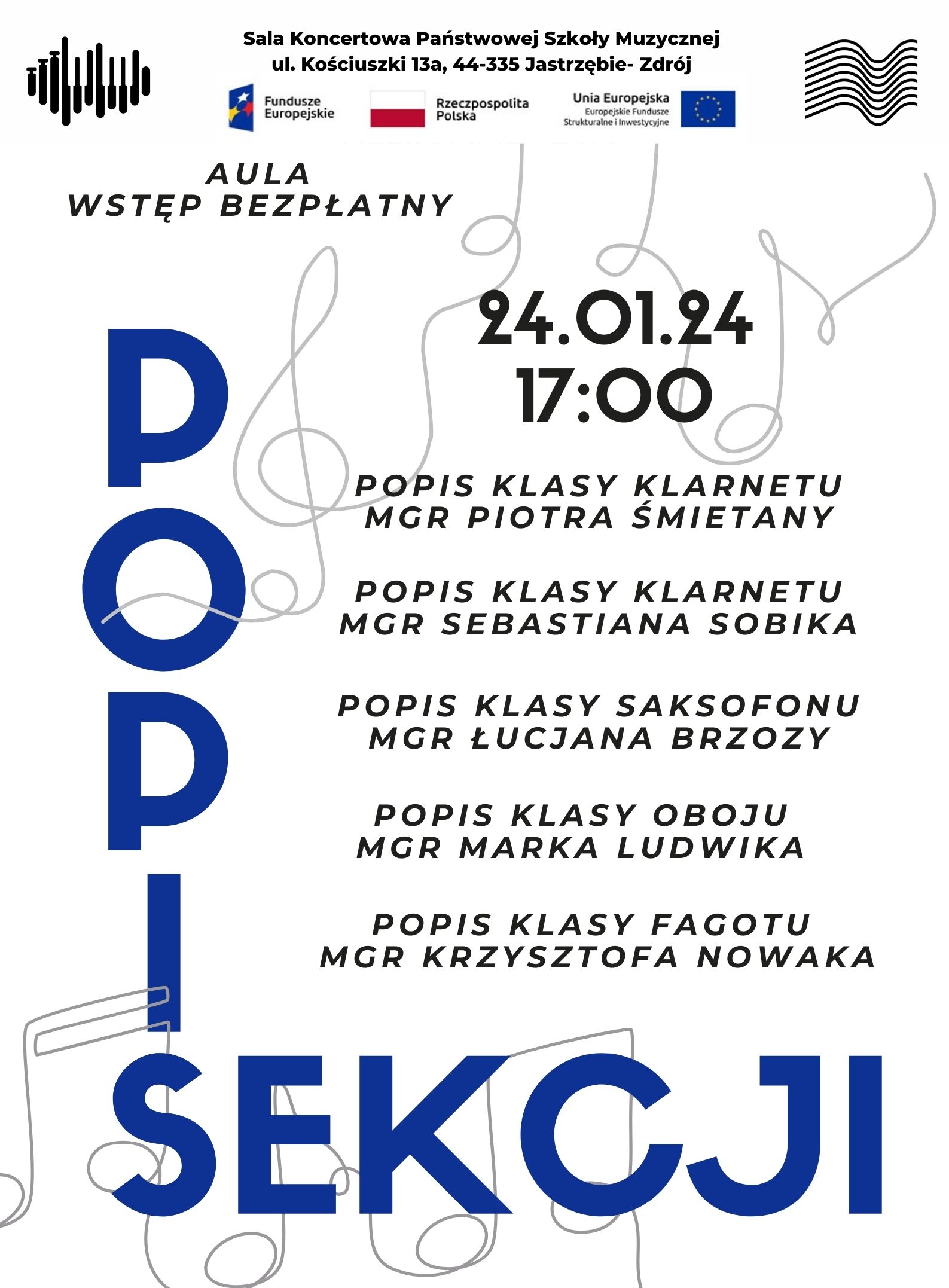 Plakat na Popis sekcji instrumentów dętych drewnianych.