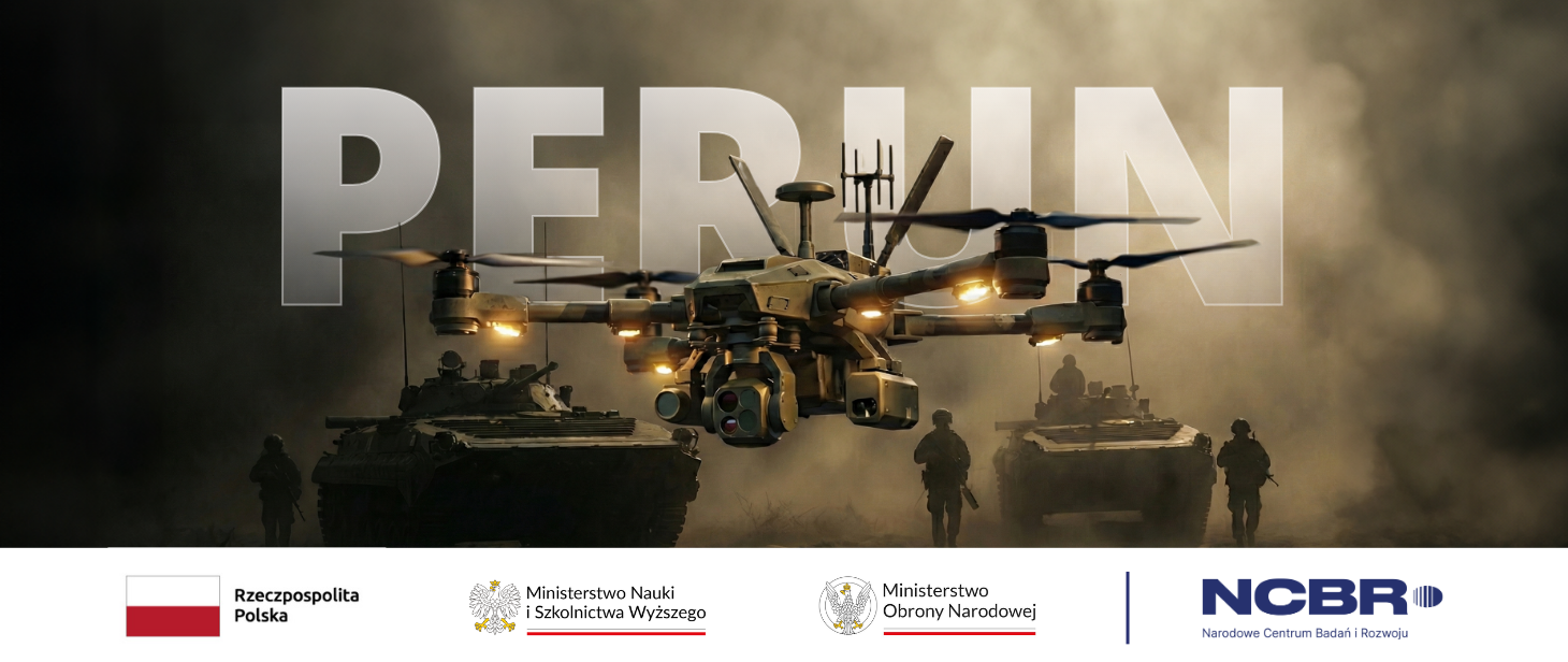 Grafika - na tle napisu PERUN sylwetki pojazdów opancerzonych, czterośmigłowego drona i kilku żołnierzy.