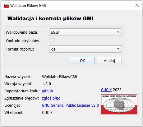 zrzut przedstawia wtyczkę do oprogramowania QGIS-"Walidacja i kontrola plików GML"