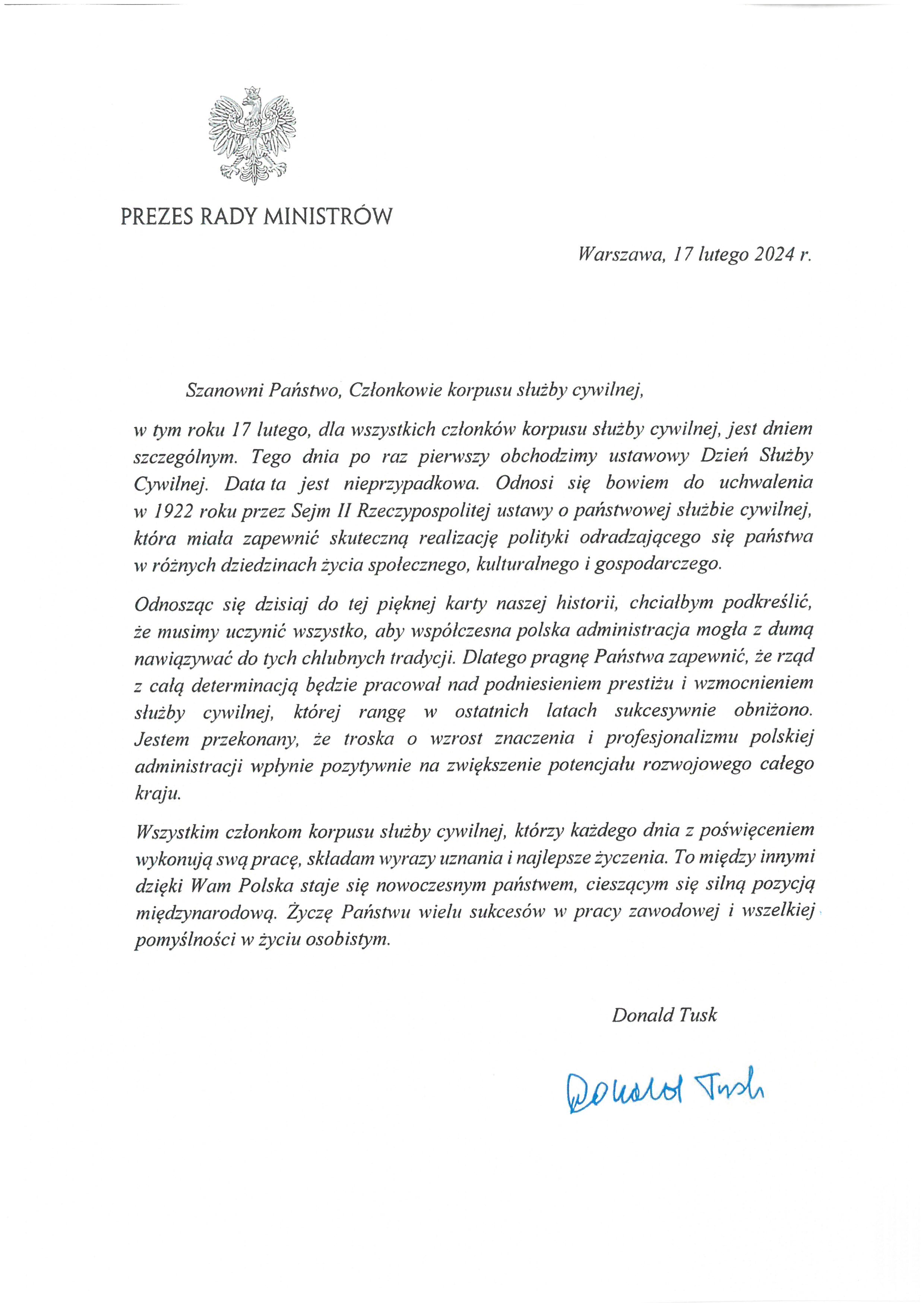 List prezesa Rady Ministrów