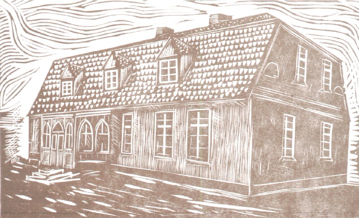 Zdjęcie przedstawia brązową rycinę szkoły na białym tle