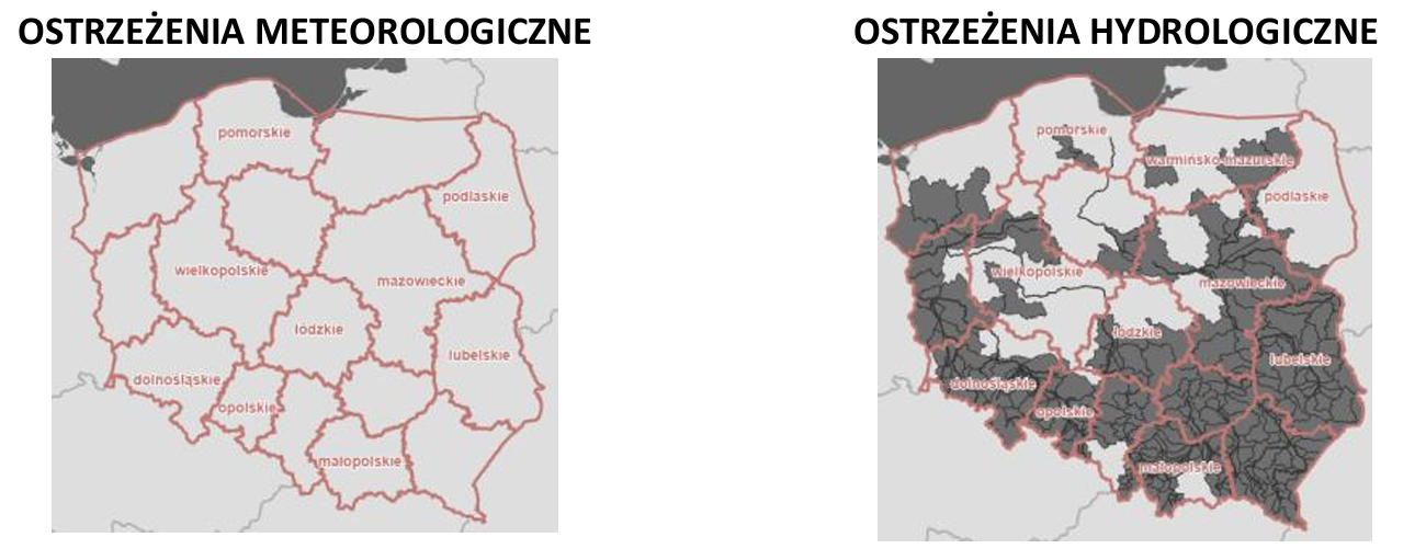 Ostrzeżenia meteorologiczne i hydrologiczne z podziałem na województwa - 11.10.2026. Kolor czerwony dla ostrzeżeń 3 stopnia, pomarańczowy dla 2 stopnia, żółty dla 1 stopnia, szary dla suszy, biały brak ostrzeżeń. 