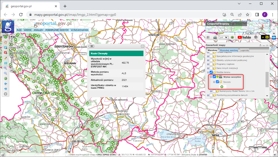 ilustracja przedstawia uslugę WMS Wykaz szczytów dostępną w serwisie www.geoportal.gov.pl