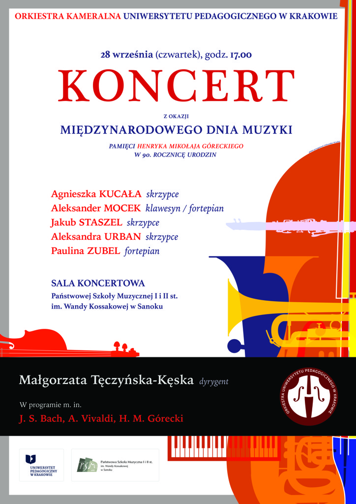 Plakat koncertu z okazji Międzynarodowego Dnia Muzyki 28.09.2023. Kolorowe instrumenty na białym tle.