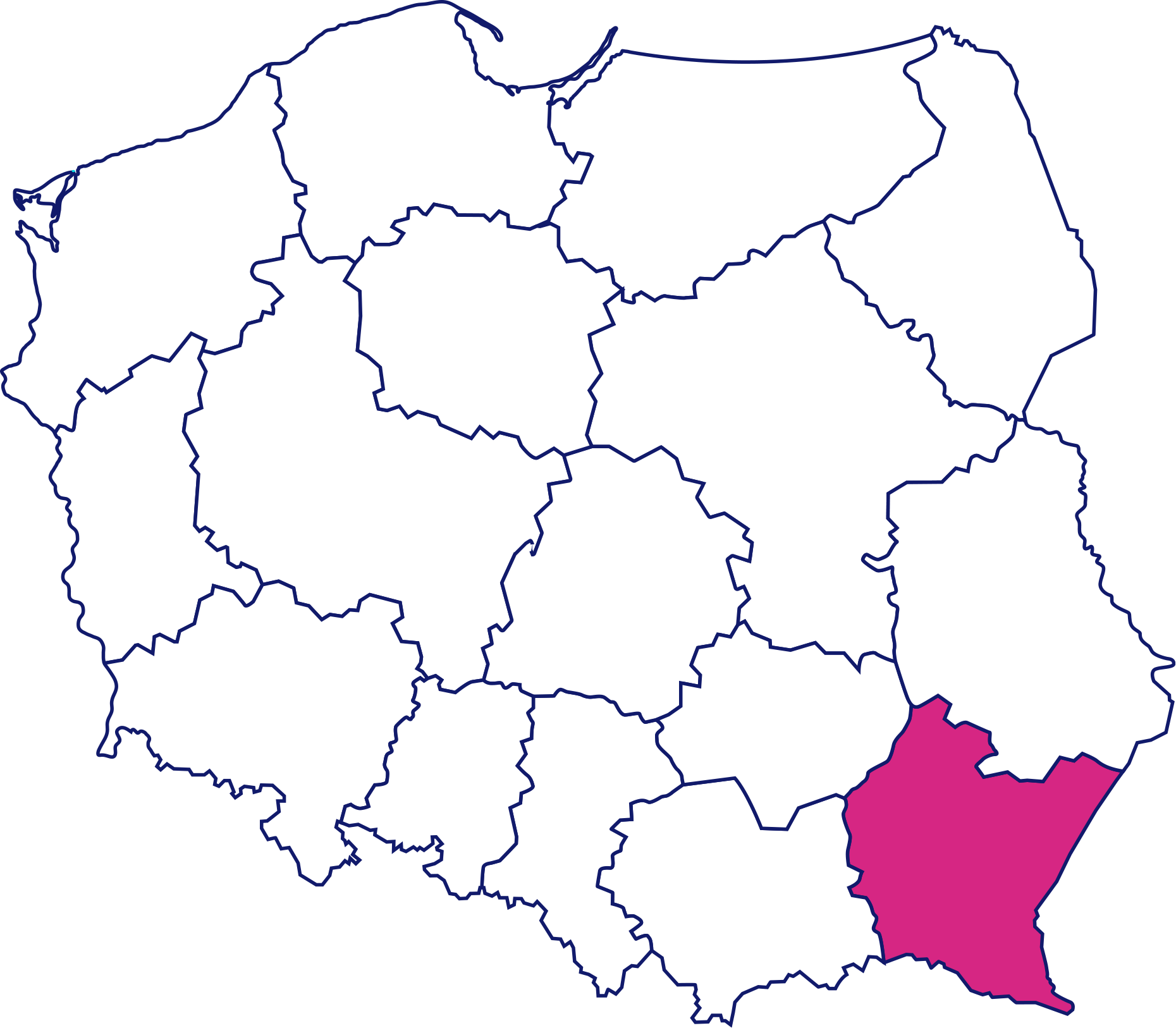 Mapa Polski z wyróżnionym na różowo województwem podkarpackim