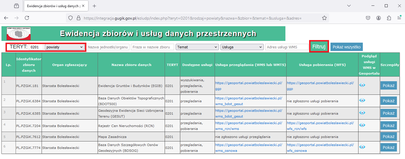 Tabelaryczny widok ewidencji zbiorów i usług danych przestrzennych na stronie Głównego Urzędu Geodezji i Kartografii.