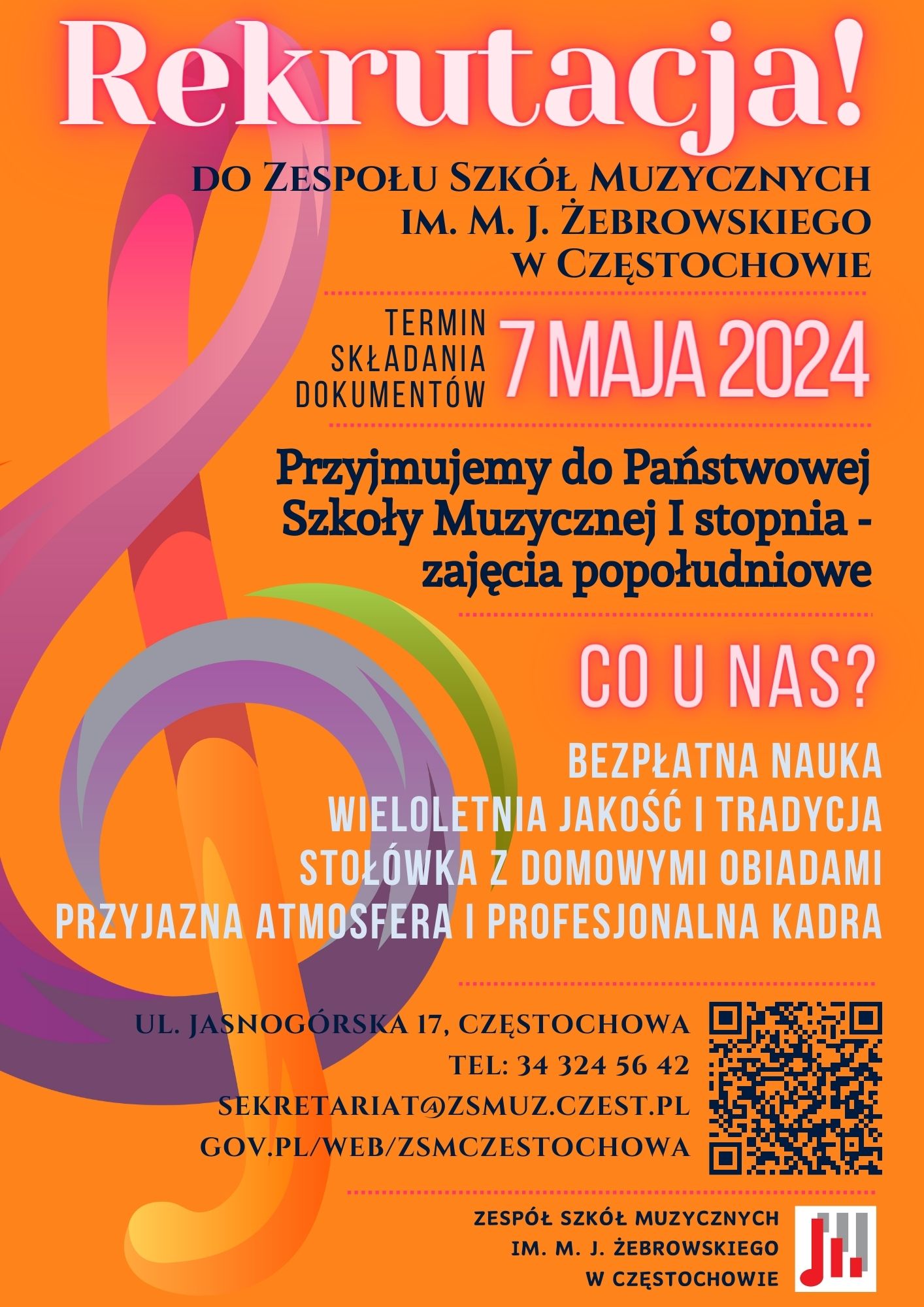Pomarańczowe tło, po lewej kolorowy klucz wiolinowy, tekst informacja o rekrutacji do PSM I st.