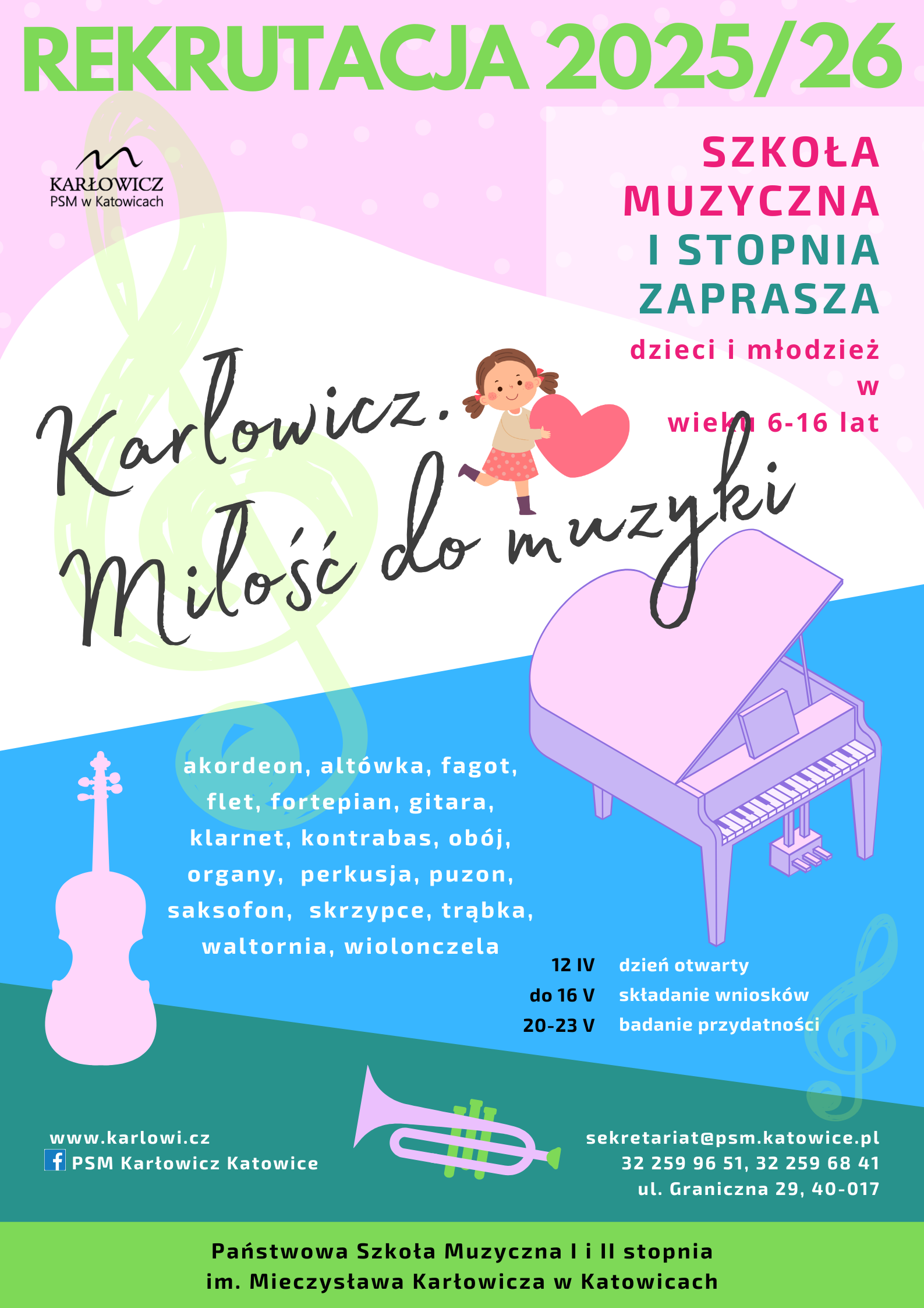 Plakat promujący rekrutację na rok 2025/26 do Państwowej Szkoły Muzycznej I stopnia im. Mieczysława Karłowicza w Katowicach.