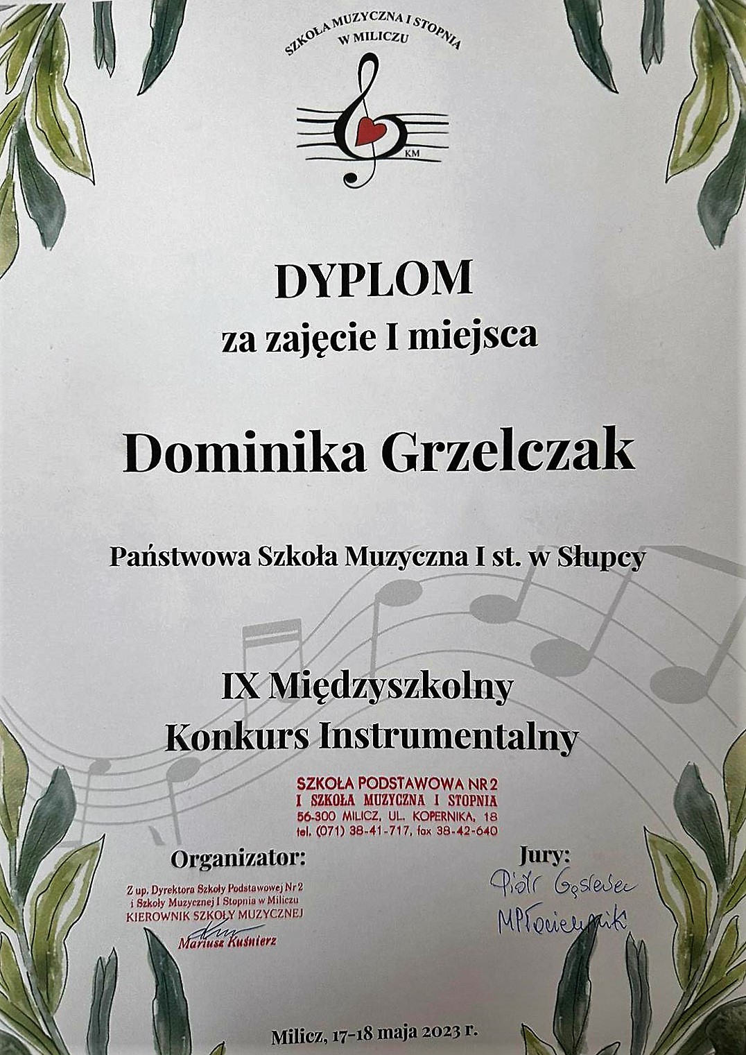 dyplom I nagrody, w rogach grafika liści, wszystko na białym tle